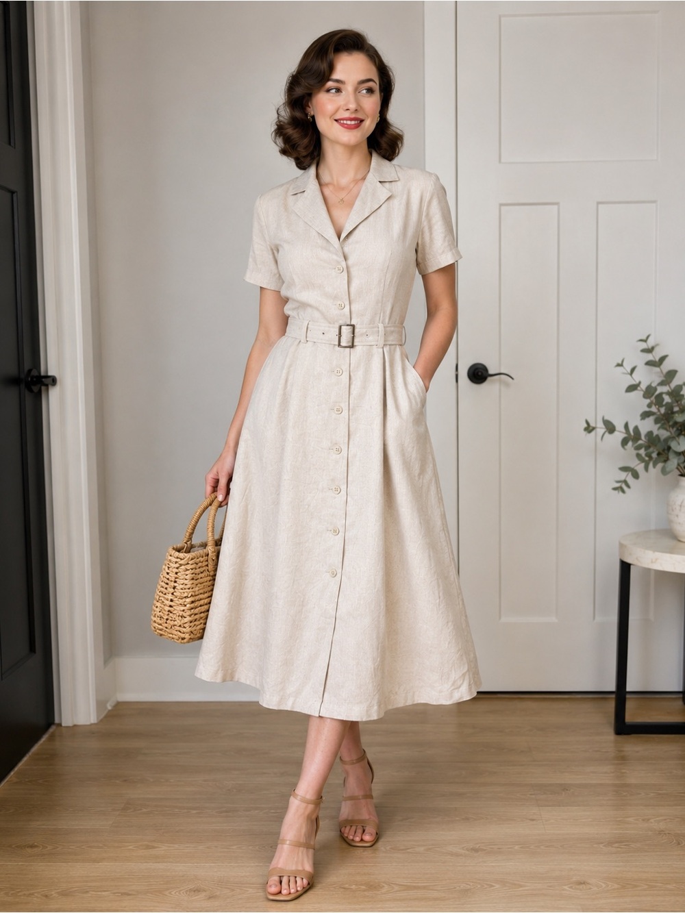SHEIN Light Beige Button-Front Belted Midi Dress